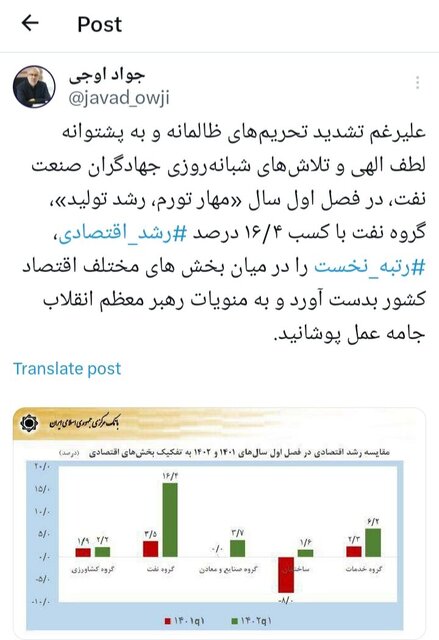 رتبه نخست گروه نفت در میان بخش‌های اقتصادی کشور 