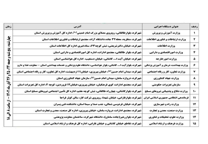 برپایی ۳۰ میز ارتباط مردمی با وزرات‌خانه‌ها و دستگاه‌های اجرایی در شهرکرد + آدرس