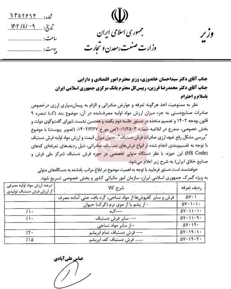 نامه وزیر صمت به خاندوزی و فرزین درباره تعرفه صفر صادرات فرش دستباف