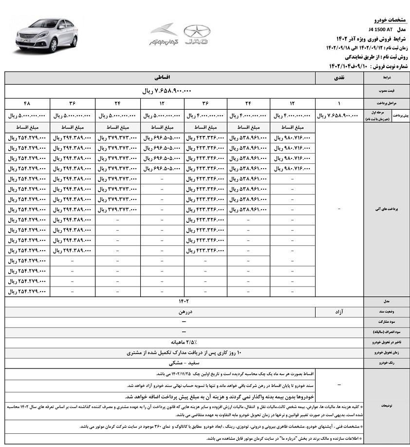 فروش اقساطی جک J۴ با تحویل ۱۰ روزه +جدول