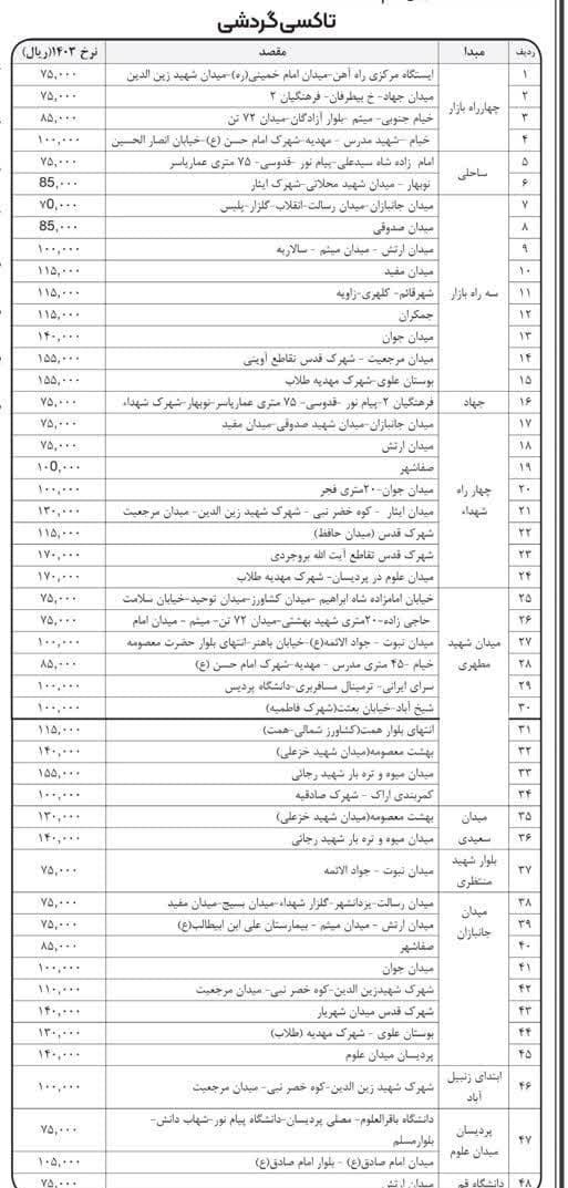 اعلام نرخ تاکسی‌های درون‌شهری قم در سال 1403 + جدول