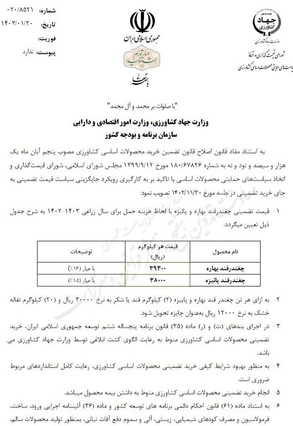 نرخ جدید خرید تضمینی چغندر قند بهاره و پاییزه اعلام شد