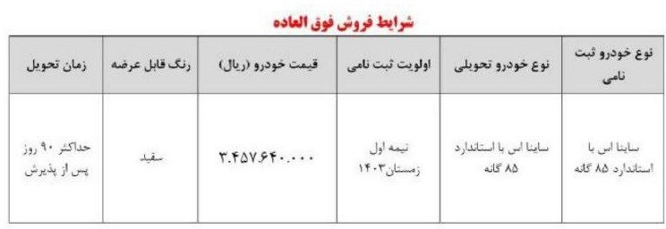 شرایط فروش فوق العاده ساینا S +جدول