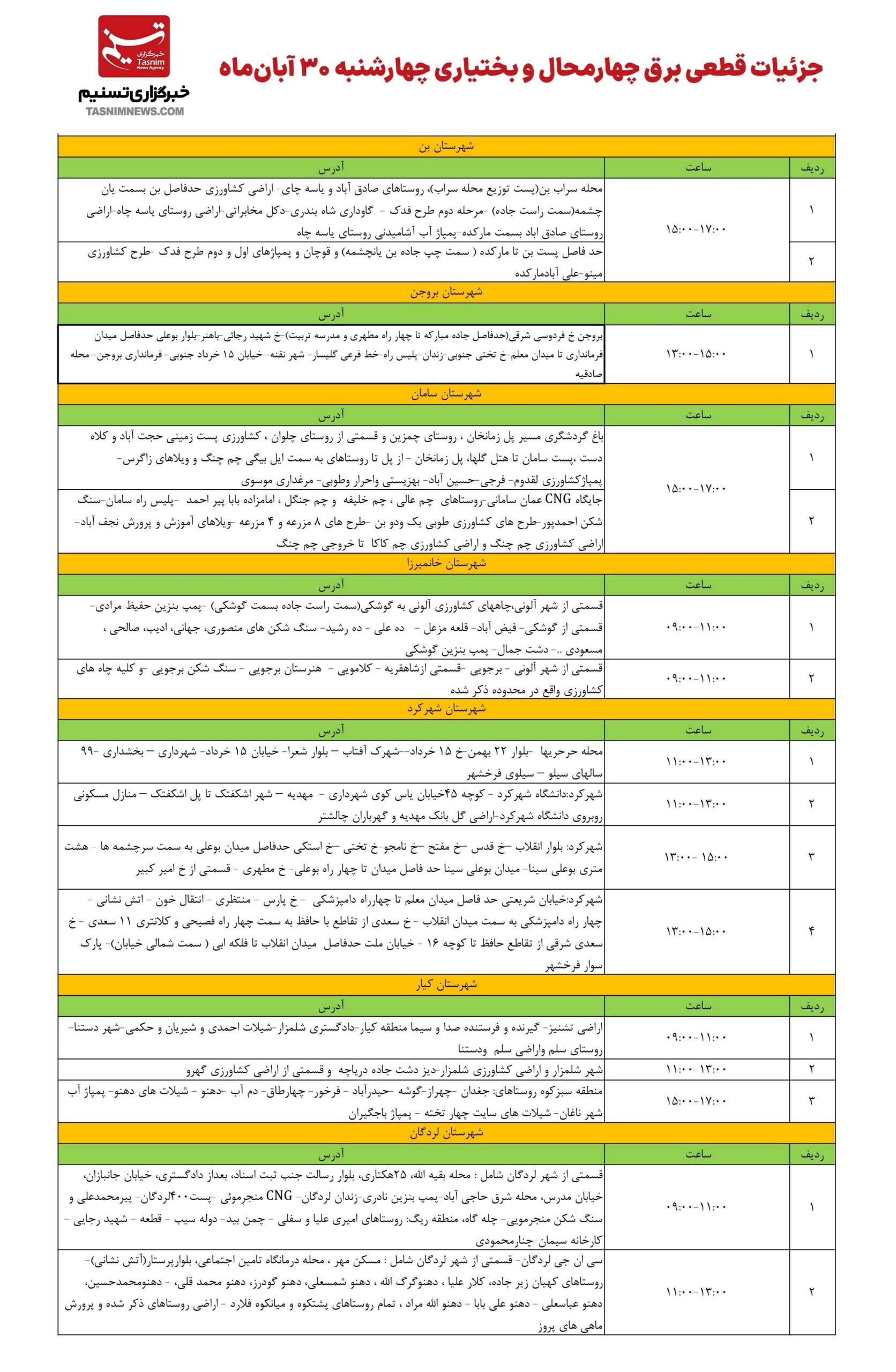 اعلام جزئیات قطعی برق 30 آبان در چهارمحال‌ و بختیاری + جدول