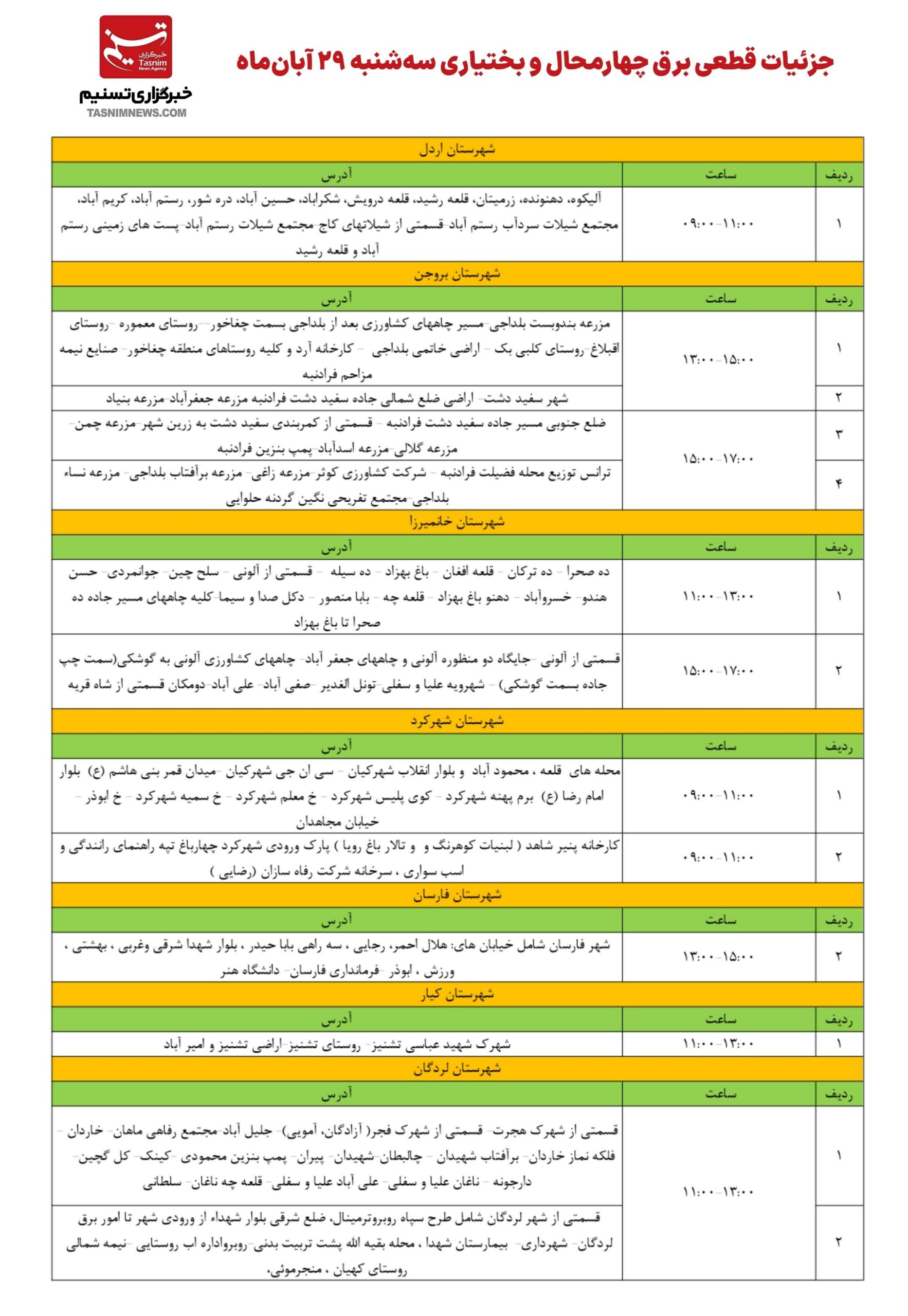 جزئیات قطعی برق امروز 29 آبان‌ماه در چهارمحال و بختیاری+جدول