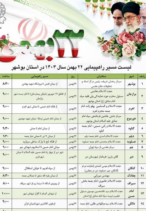 مسیرهای راهپیمایی 22 بهمن در بوشهر اعلام شد+جدول